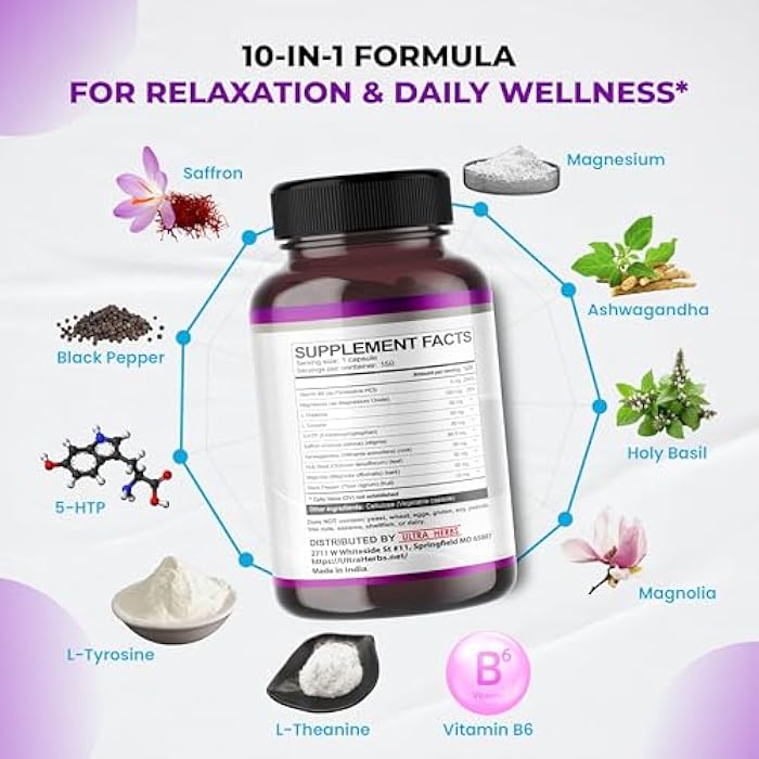 ULTRA HERBS أولتر هيربس بريميوم زعفران 10 في 1 – 905 ملغ مع إل-ثيانين، أشواغاندا، فيتامين ب6، 5-HTP، إل-تايروسين والمغنيسيوم – يدعم النوم الهادئ، الهدوء والرفاهية (150 قطعة، عبوة من 1) - Image 4