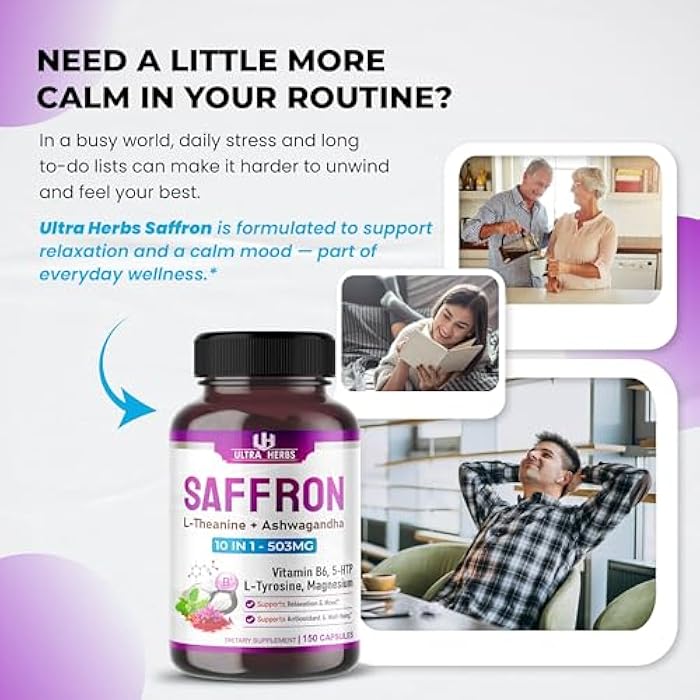 ULTRA HERBS أولتر هيربس بريميوم زعفران 10 في 1 – 905 ملغ مع إل-ثيانين، أشواغاندا، فيتامين ب6، 5-HTP، إل-تايروسين والمغنيسيوم – يدعم النوم الهادئ، الهدوء والرفاهية (150 قطعة، عبوة من 1) - Image 2