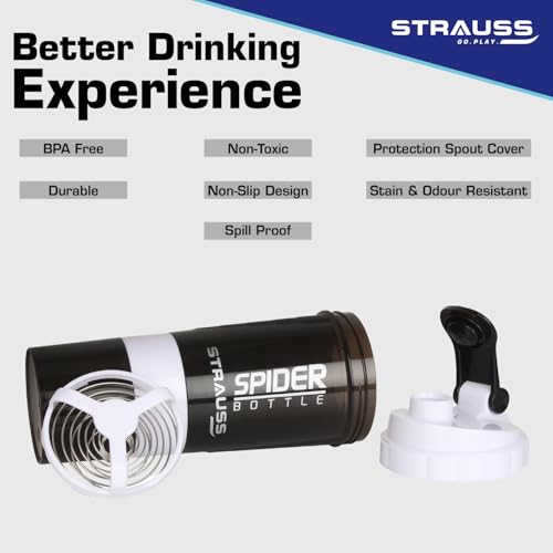 STRAUSS Spider Gym Shaker Bottle | Shakers for Protein Shake with 2 Storage Compartment | Leakproof Gym Protein Shaker for Post and Pre-Workout Drink | 100% BPA Free (500 ML, Pack of 1,White) - Image 4