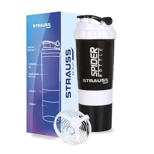 STRAUSS Spider Gym Shaker Bottle | Shakers for Protein Shake with 2 Storage Compartment | Leakproof Gym Protein Shaker for Post and Pre-Workout Drink | 100% BPA Free (500 ML, Pack of 1,White) - Image 1