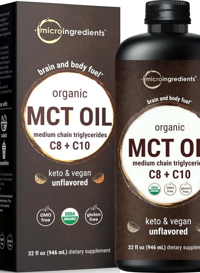 Micro Ingredients MCT Oil Organic, 32 fl oz |100% Virgin Coconut with C8 + C10 Fatty Acids | Natural Fuel for Brain Energy & Ketone Production | Great for Coffee or Dressings | Unflavored, Keto, Vegan - Image 1
