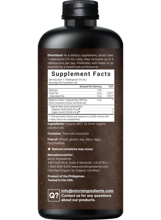 Micro Ingredients MCT Oil Organic, 32 fl oz |100% Virgin Coconut with C8 + C10 Fatty Acids | Natural Fuel for Brain Energy & Ketone Production | Great for Coffee or Dressings | Unflavored, Keto, Vegan - Image 2