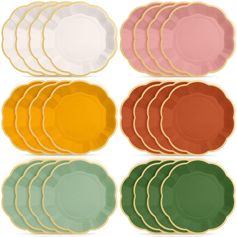 Tiangrid 72 Pcs Boho Color Paper Plates 9 Inch Colorful Rainbow Scalloped Paper Disposable Dinner Dessert Plates for Birthday Wedding Bridal Party Supplies, 6 Colors - Image 1