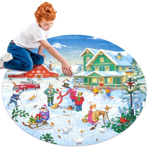 MoinKidz Christmas Wooden Puzzles for Kids Ages 48 Large 48 Piece Round Jigsaw Puzzle for 3 4 5 6 7 8 Year Old Merry Winter Holiday Farm Floor Puzzles for Kids Ages 35 - Image 1