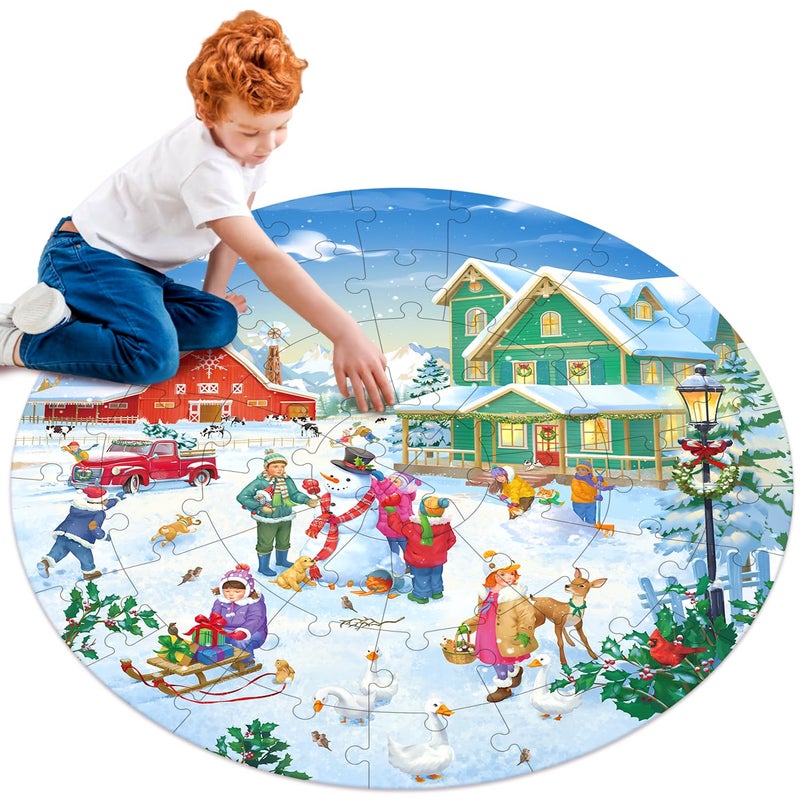 MoinKidz Christmas Wooden Puzzles for Kids Ages 48 Large 48 Piece Round Jigsaw Puzzle for 3 4 5 6 7 8 Year Old Merry Winter Holiday Farm Floor Puzzles for Kids Ages 35 - Image 3