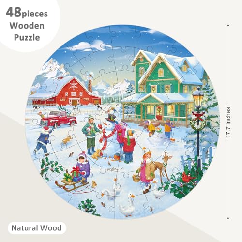 MoinKidz Christmas Wooden Puzzles for Kids Ages 48 Large 48 Piece Round Jigsaw Puzzle for 3 4 5 6 7 8 Year Old Merry Winter Holiday Farm Floor Puzzles for Kids Ages 35 - Image 5