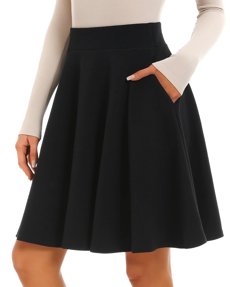 Stelle Women's 21" Knee Length Skirts with Pockets Casual Basic Midi Skirt Stretchy A-Line Skater Flared Pleated (Black,S) - Image 1
