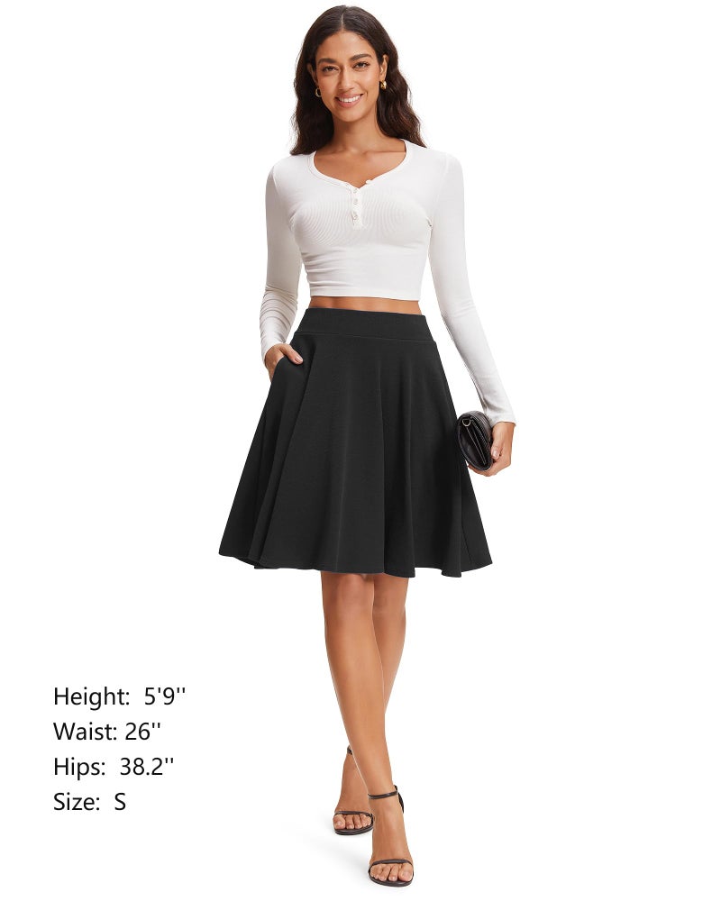 Stelle Women's 21" Knee Length Skirts with Pockets Casual Basic Midi Skirt Stretchy A-Line Skater Flared Pleated (Black,S) - Image 4