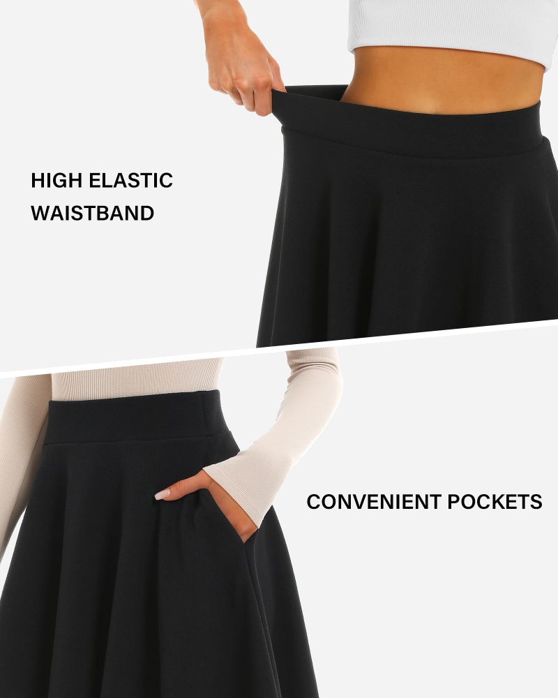 Stelle Women's 21" Knee Length Skirts with Pockets Casual Basic Midi Skirt Stretchy A-Line Skater Flared Pleated (Black,S) - Image 5