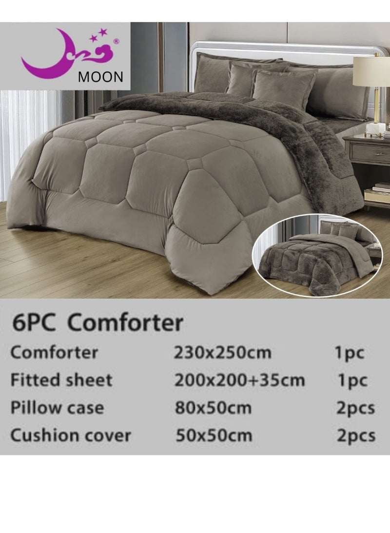 مون مفرش شتوي نفرين نظام وجهين وجه مخمل وجه فرو - طقم مفارش 6 قطع ( 1 مفرش + 1 واقي مرتبة مطاط + 4 أغطية وسائد ديكورية ) - Image 3