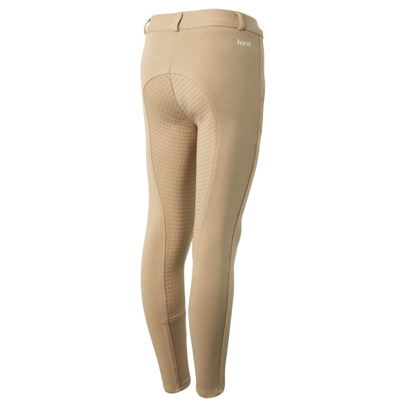 HORZE Active Kids' Unisex Silicone Grip Full Seat Horseback Riding Breeches - Tan - XL - Image 4