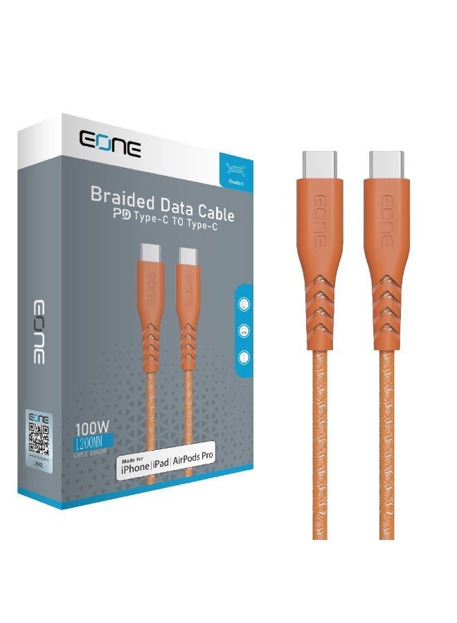 EONE USB-C to USB-C Cable 100W Fast Charging 1.2M Nylon Braided Type C Cable for iPhone 15 iPad MacBook Samsung Laptop PD Fast Charge Data Sync – Orange - Image 4