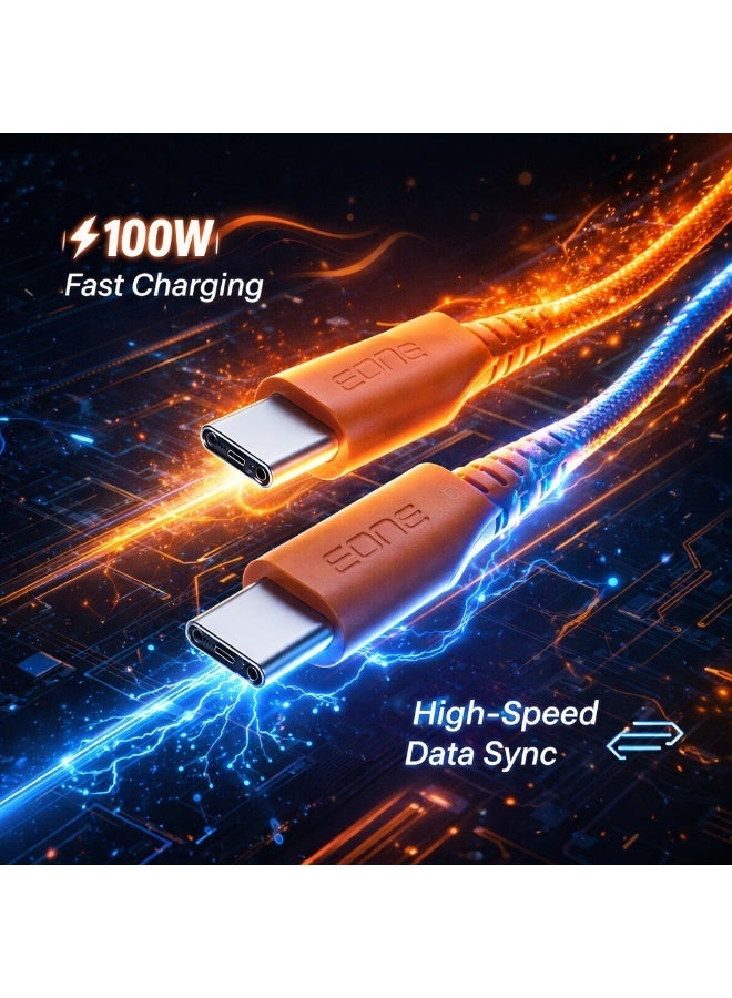 EONE USB-C to USB-C Cable 100W Fast Charging 1.2M Nylon Braided Type C Cable for iPhone 15 iPad MacBook Samsung Laptop PD Fast Charge Data Sync – Orange - Image 1