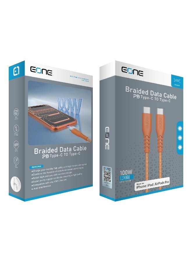 EONE USB-C to USB-C Cable 100W Fast Charging 1.2M Nylon Braided Type C Cable for iPhone 15 iPad MacBook Samsung Laptop PD Fast Charge Data Sync – Orange - Image 3