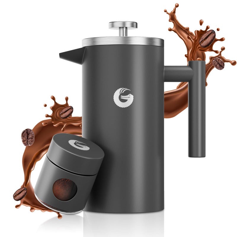 Coffee Gator 304 Grade Stainless Steel French Press Coffee Maker 34 oz, Double Wall Insulated Hot Cold Brew Teapot with 4-Level Filtration System, Include Travel Jar Canister, Rust-Free, Kitchen, Gray - Image 4