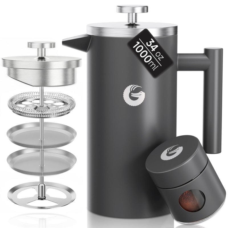Coffee Gator 304 Grade Stainless Steel French Press Coffee Maker 34 oz, Double Wall Insulated Hot Cold Brew Teapot with 4-Level Filtration System, Include Travel Jar Canister, Rust-Free, Kitchen, Gray - Image 1