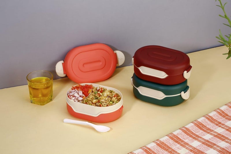 OLMARTT KITCHENWARE Plastic Insulation 2 Compartment Lunch Boxes Leak Proof Reusable Freezer Safe Lunch Box for Kids Tiffin Box for Boys, Girls, School & Office Men. Pack of 2 Multicolor, 300 ml - Image 2