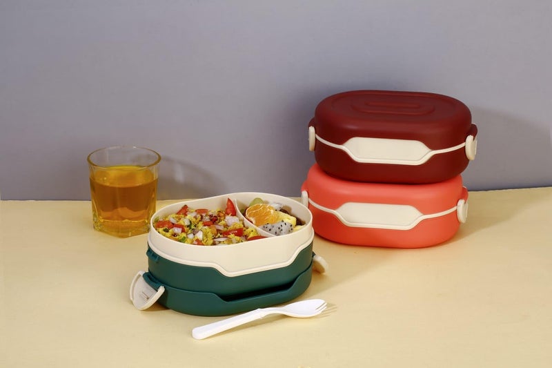 OLMARTT KITCHENWARE Plastic Insulation 2 Compartment Lunch Boxes Leak Proof Reusable Freezer Safe Lunch Box for Kids Tiffin Box for Boys, Girls, School & Office Men. Pack of 2 Multicolor, 300 ml - Image 3