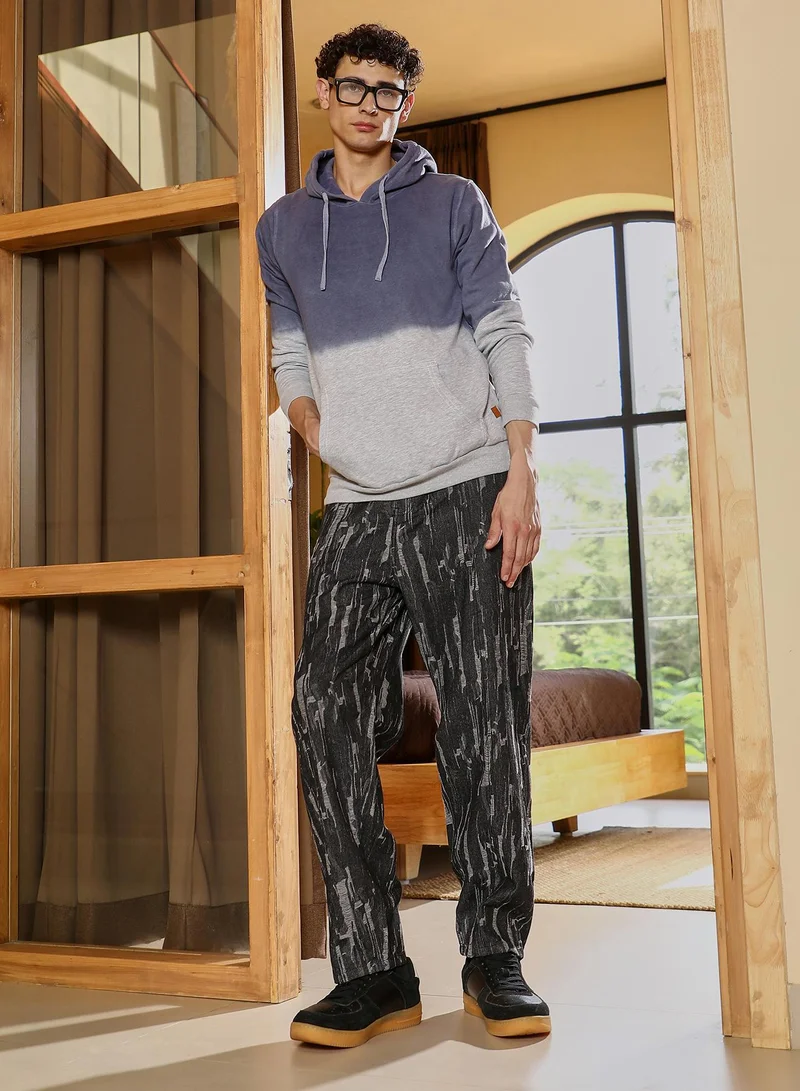Campus Sutra Men's Gradient-Block Pullover Hoodie | Hooded Neck , Long Ribbed Cuff Sleeves , Pull On Closure , Ribbed-Straight Hem | Dip-Dye Knitted Plain For Casual & Daily | Steel Blue & Coin Grey