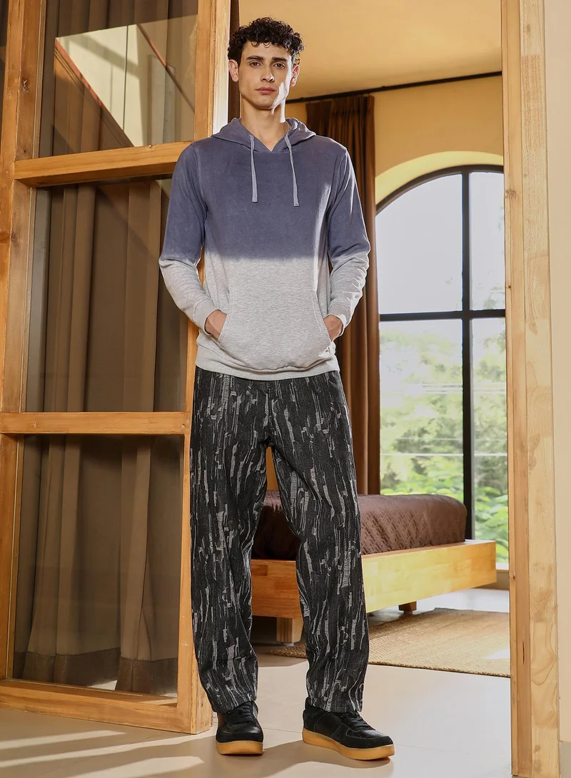 Campus Sutra Men's Gradient-Block Pullover Hoodie | Hooded Neck , Long Ribbed Cuff Sleeves , Pull On Closure , Ribbed-Straight Hem | Dip-Dye Knitted Plain For Casual & Daily | Steel Blue & Coin Grey