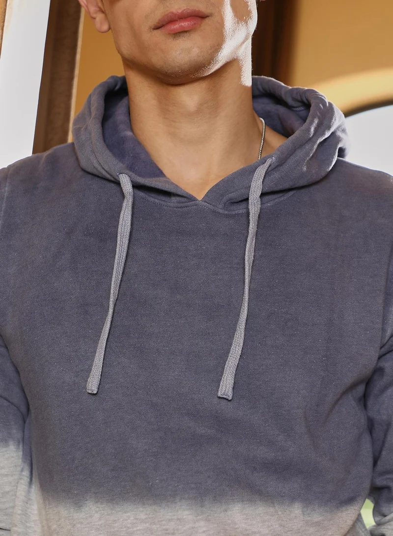 Campus Sutra Men's Gradient-Block Pullover Hoodie | Hooded Neck , Long Ribbed Cuff Sleeves , Pull On Closure , Ribbed-Straight Hem | Dip-Dye Knitted Plain For Casual & Daily | Steel Blue & Coin Grey