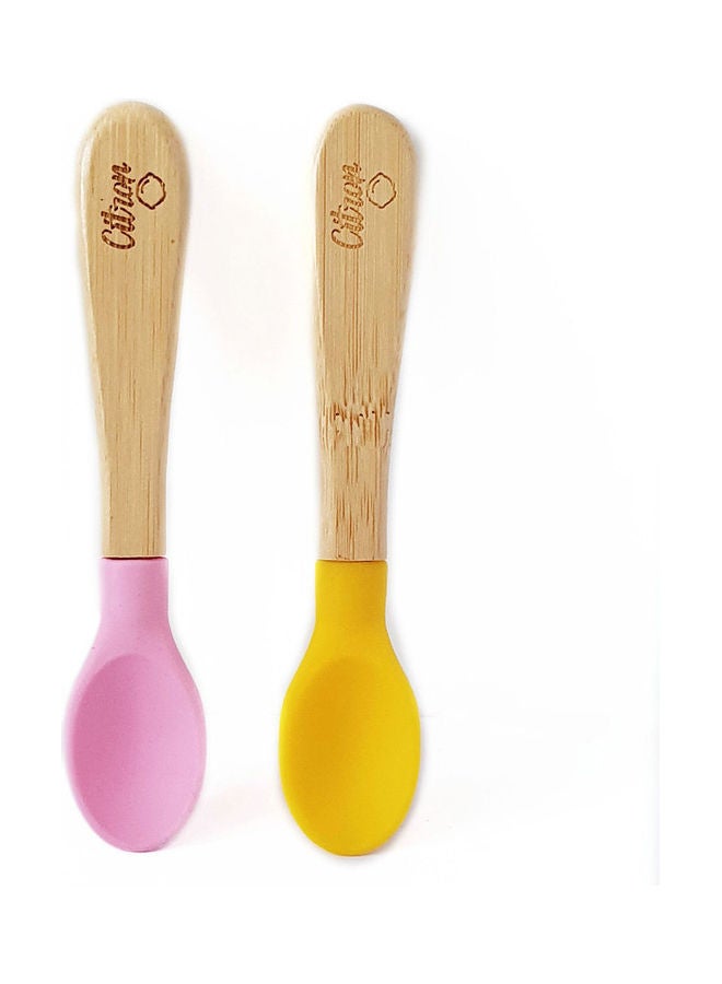 NIBEMINENT Bamboo Spoons Set of 2 - Yellow/Pink - Image 1