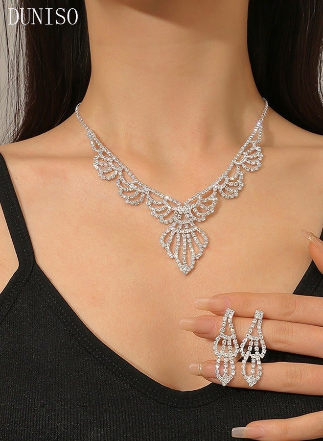 DUNISO 2Piece Necklace and Earrings Set Full Diamond V Neck Necklace Crystal Earrings Wedding Bridal Bridesmaid Costume Jewelry Set for Women and Girls Dress Accessories - Image 1