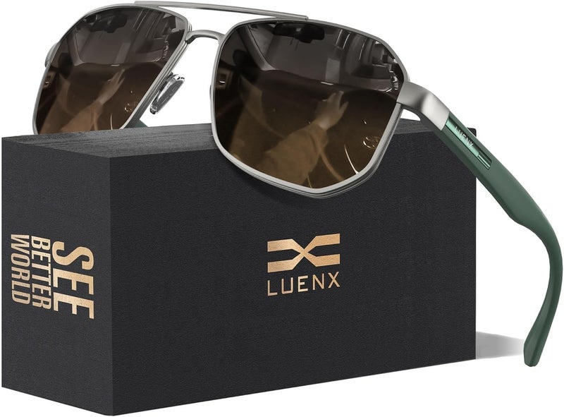 LUENX Aviator Sunglasses for Men Square Polarized Polygon Lens - UV 400 Protection with Accessories 61MM Driving Outdoor - Image 1