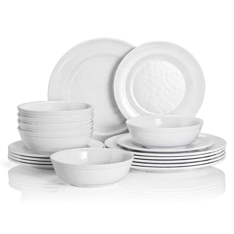 TP 18Piece Dinnerware Set Melamine Dishes Set with Bowls and Plates Service for 6 Nonbreakable Lightweight Dining Tableware White