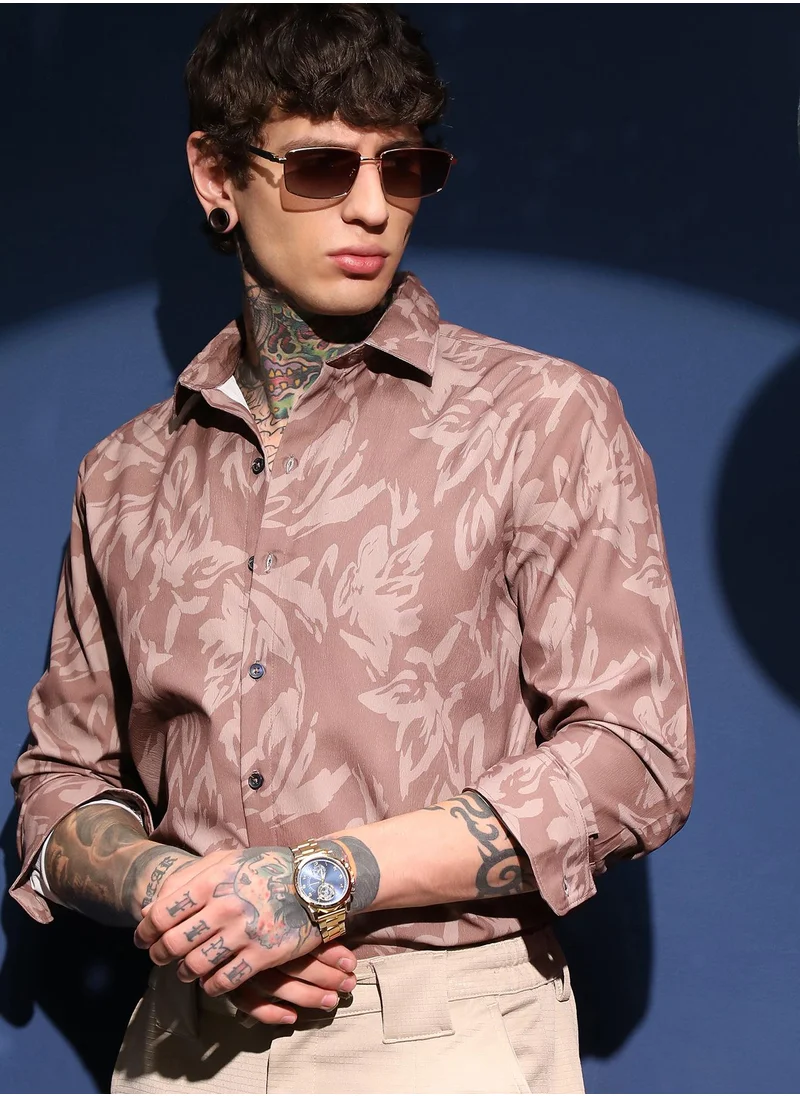 كامبوس سوترا Men's Mocha Brown Florique Imprint Shirt For Casual Wear | Spread Collar | Long Cuffed Sleeves | Button Closure | Shirt Crafted With Comfort Fit For Everyday Wear