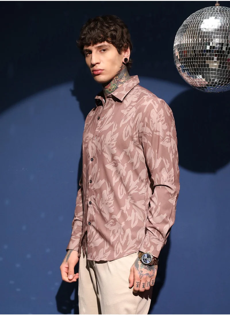 كامبوس سوترا Men's Mocha Brown Florique Imprint Shirt For Casual Wear | Spread Collar | Long Cuffed Sleeves | Button Closure | Shirt Crafted With Comfort Fit For Everyday Wear