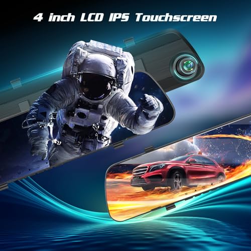 NHOPEEW Rear View Mirror Camera, 4 inch IPS LCD Screen Mirror Dash Cam 1080P Front and Rear Dual Camera with 64G TF Card, Loop Recording, Motion Detection, Parking Assistance + Backup Cam - Image 2