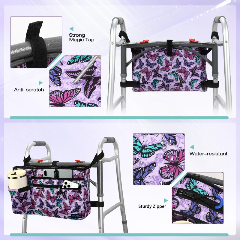 ZHCHG Walker Bag with Cup Holder, Walker Accessories for Seniors Detachable, Foldable Walker Basket with Big Capacity, Best Gift- Purple (Not Fit Rollator Walkers) - Image 3
