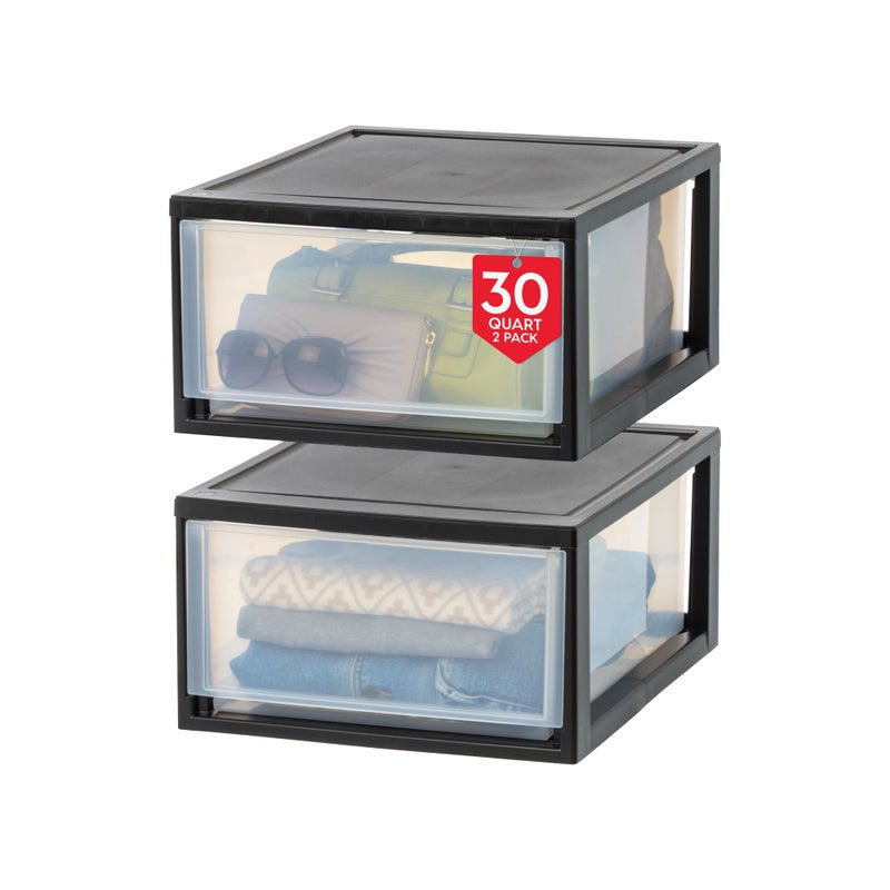 IRIS IRIS USA 30 Qt Plastic Drawer Storage Organizer Stacking Drawers 2Pack Stackable Unit with Sliding Drawer for Clothes Bedroom Kitchen Under Sink Pantry Craft Room Bathroom Dorm Office Black