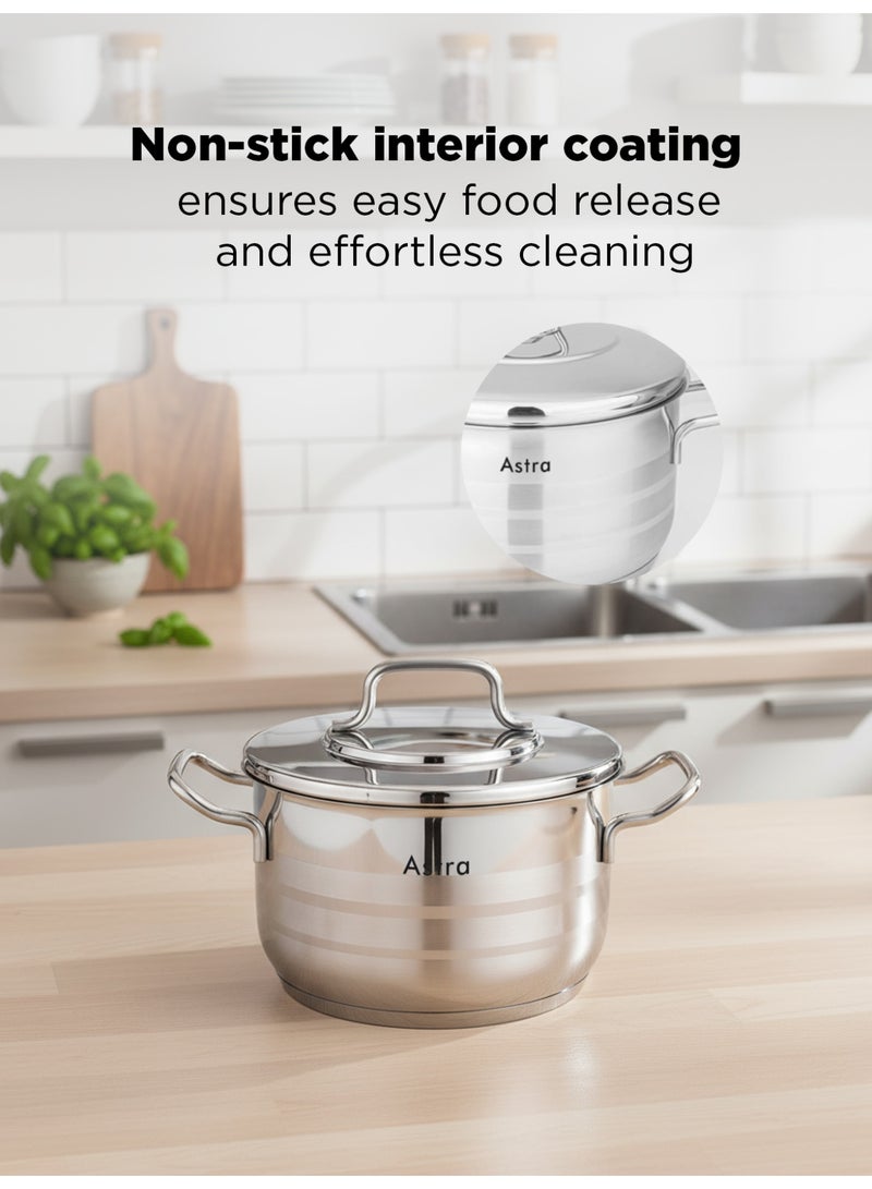 Astra Stainless Steel Casserole 16 cm | 1.9 L Capacity | 18/10 Food‑Grade Steel | Triplex Capsule Bottom | Induction & Gas Compatible | With Lid - Image 3