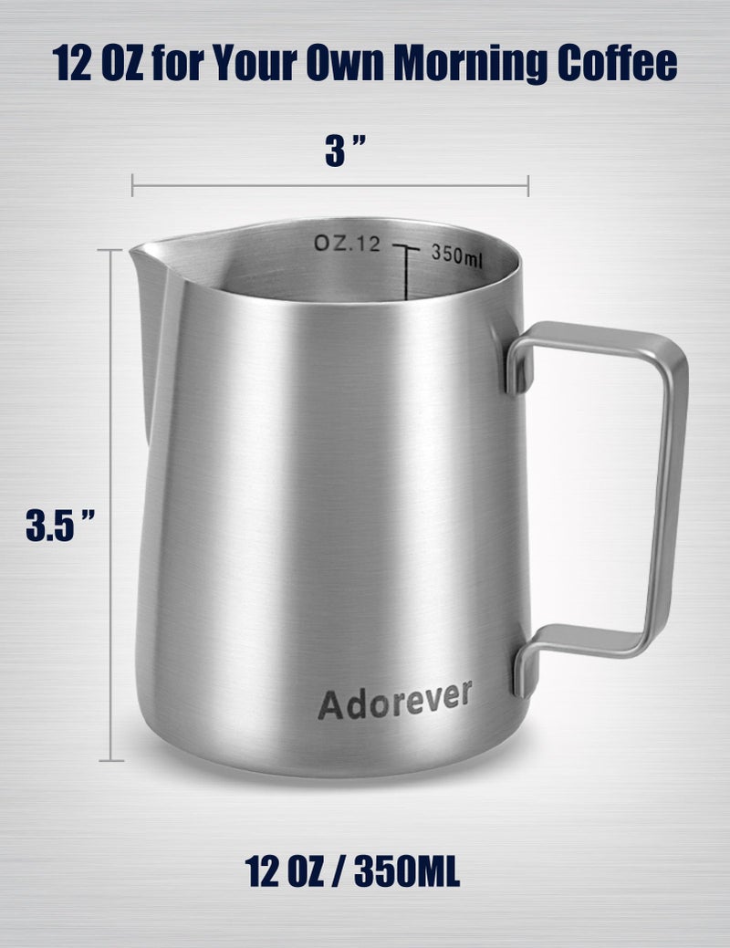 Adorever Milk Frothing Pitcher, 12oz Stainless Steel Milk Frother Cup Steaming Pitcher, Cappuccino Espresso Accessories Coffee Bar Barista Tools, Steamer Cup Milk Jug with Latte Art Pen, Matte Steel - Image 3