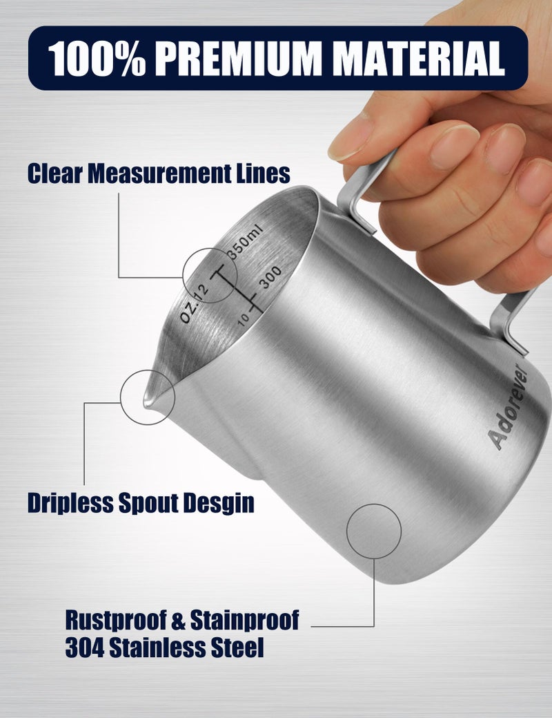 Adorever Milk Frothing Pitcher, 12oz Stainless Steel Milk Frother Cup Steaming Pitcher, Cappuccino Espresso Accessories Coffee Bar Barista Tools, Steamer Cup Milk Jug with Latte Art Pen, Matte Steel - Image 2