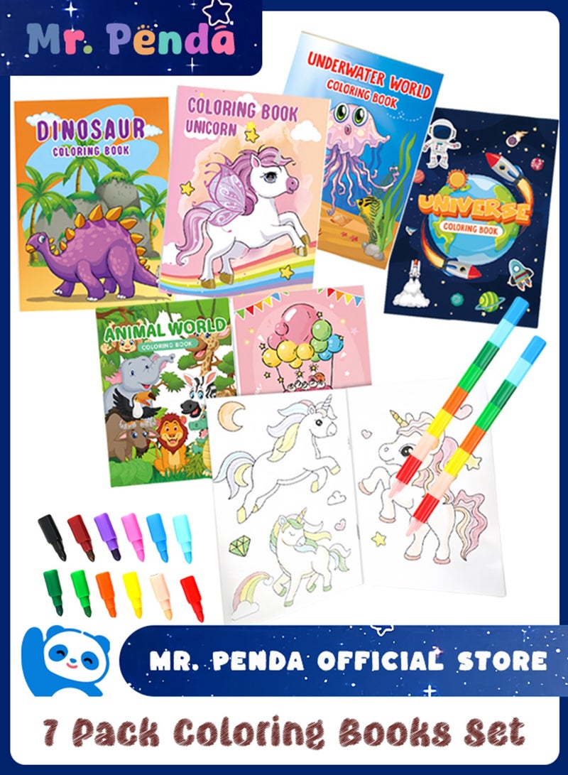 Mr. Penda 7 Pcs Coloring Books for Kids with 2 Pcs Stacking Crayons Set, Mini Coloring Books, Bulk Small Activity Books, For Birthday Party Gifts Goodie Bags Stuffers Travel (Multicolour) - Image 1