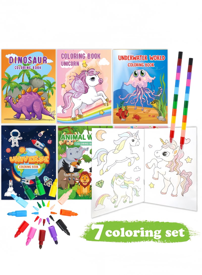 Mr. Penda 7 Pcs Coloring Books for Kids with 2 Pcs Stacking Crayons Set, Mini Coloring Books, Bulk Small Activity Books, For Birthday Party Gifts Goodie Bags Stuffers Travel (Multicolour) - Image 3