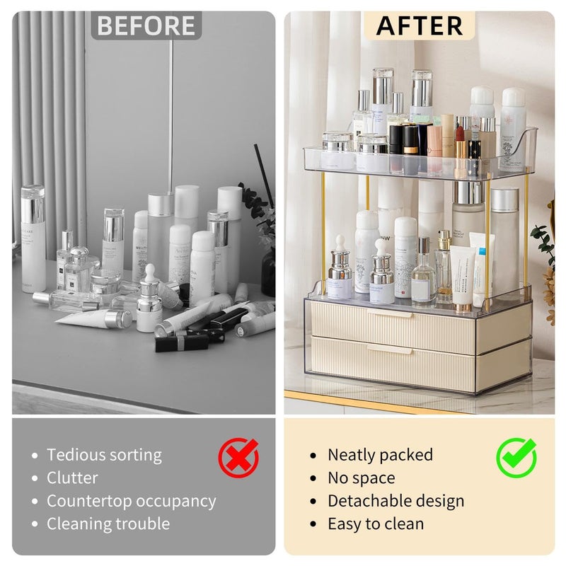 Dravina Cosmetic Organizer Rack with 4 Tier 2 Drawers Gold Rod Finishing 38CM Premium Large Capacity Vanity Organizer for Women Waterproof Bathroom Bedroom Countertop - Image 4