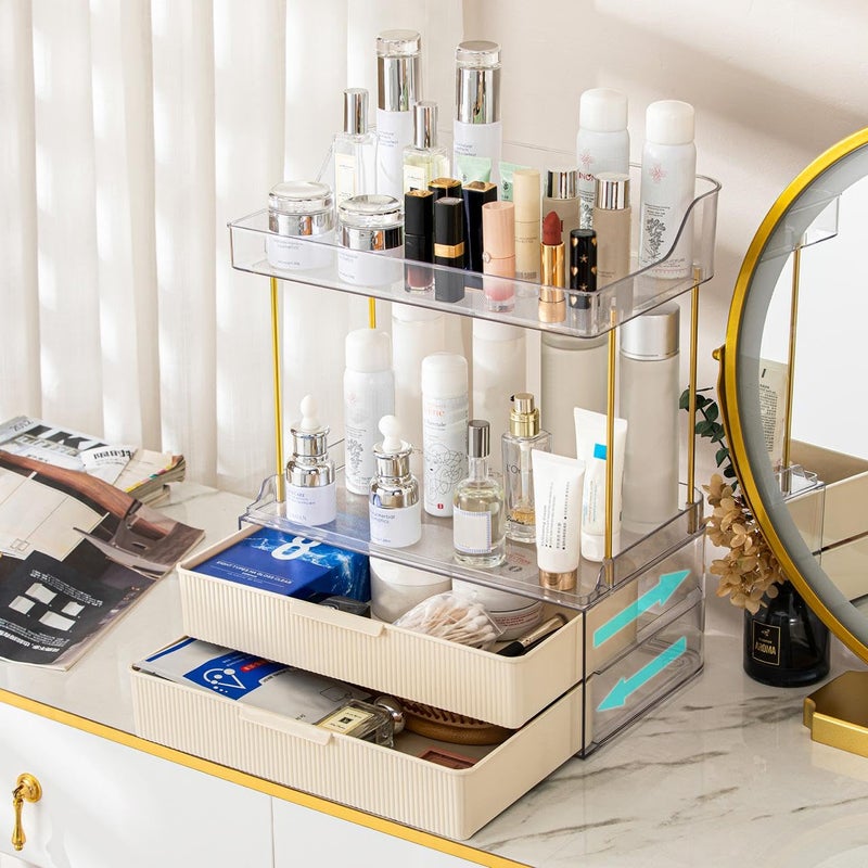 Dravina Cosmetic Organizer Rack with 4 Tier 2 Drawers Gold Rod Finishing 38CM Premium Large Capacity Vanity Organizer for Women Waterproof Bathroom Bedroom Countertop - Image 5