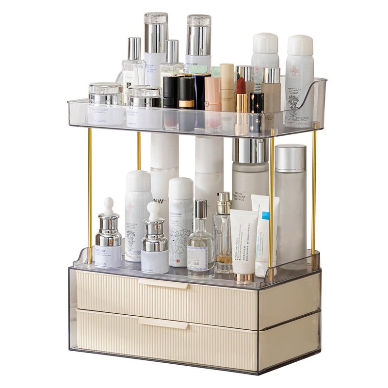 Dravina Cosmetic Organizer Rack with 4 Tier 2 Drawers Gold Rod Finishing 38CM Premium Large Capacity Vanity Organizer for Women Waterproof Bathroom Bedroom Countertop - Image 1
