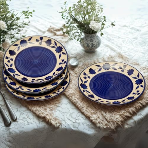 Freakway Floral 'Blue and White Plate Pair' Floral Handpainted Ceramic Quarter Plates (7 Inch, Set of 4, Microwave Safe) Dishwasher & Microwave Safe - Image 1