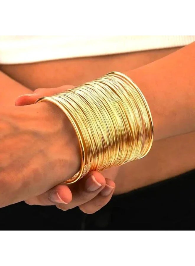 جوليا ستور أساور سميكة من الفولاذ المقاوم للصدأ مطلية بالذهب عيار 18 قيراطًا للنساء بتصميم بوهو عتيق، سلك عريض قابل للتعديل، أساور بانجل مصرية كليوباترا جلام غير منتظمة، سوار ذهبي سميك - Image 4