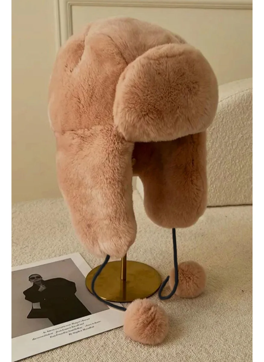 باهلس Camel Plush Eared Pompom Beanie Hat
