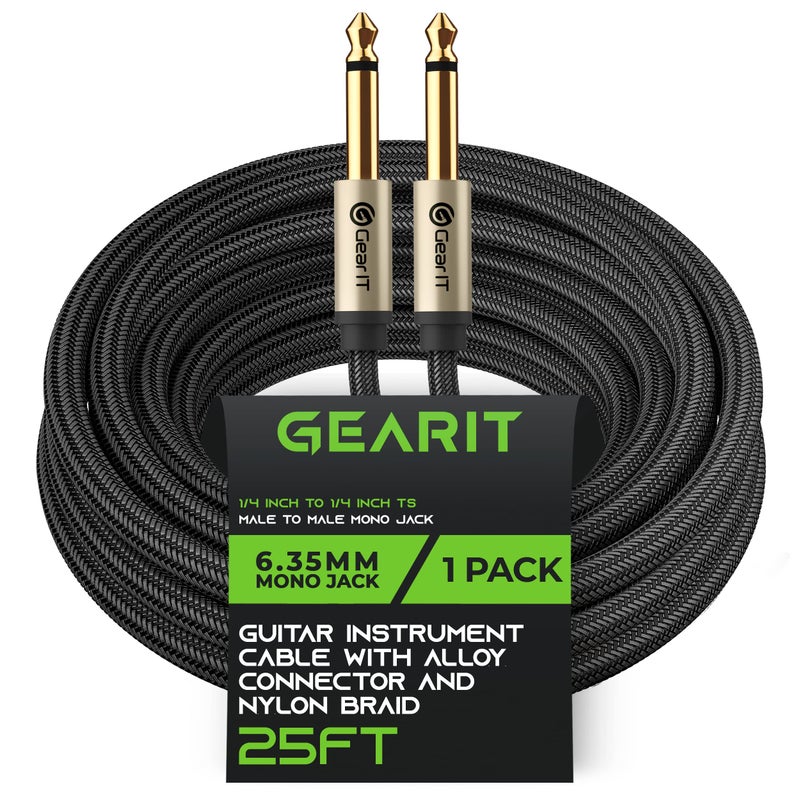 GEARit Guitar Instrument Cable (25ft) 1/4 Inch to 1/4 inch TS Straight Male to Male 6.35mm Mono Jack with Alloy Connector and Nylon Braid - Image 1