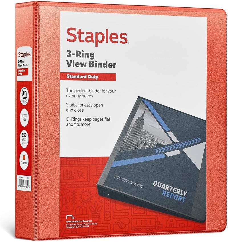 Staples Standard 1 1/2-Inch 3-Ring View Binder Orange - Image 1