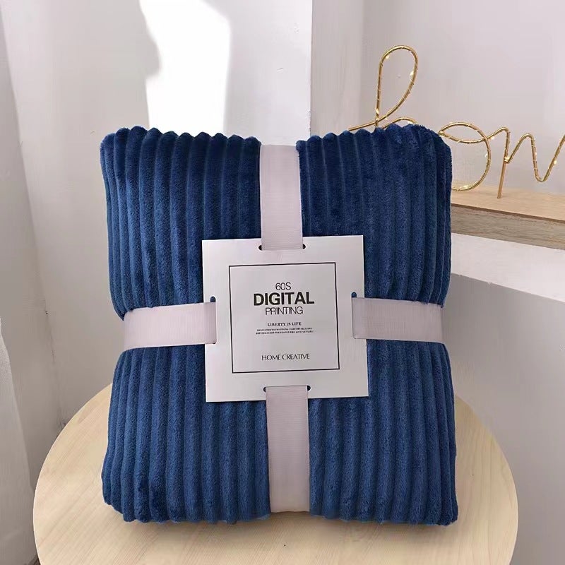 Thick Plush Fleece Blanket Solid Coral Velvet Vacuum Packed Navy Blue-Strip 