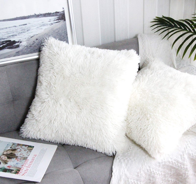 Uhomy 2 Packs Fluffy Accent Pillows Cover 18"x18", Soft White Faux Fur Throw Pillow Case, Modern Luxury Decorative Square Cushion Cover for Farmhouse Home Decor for Sofa/Bed/Chair, 45x45cm - Image 3