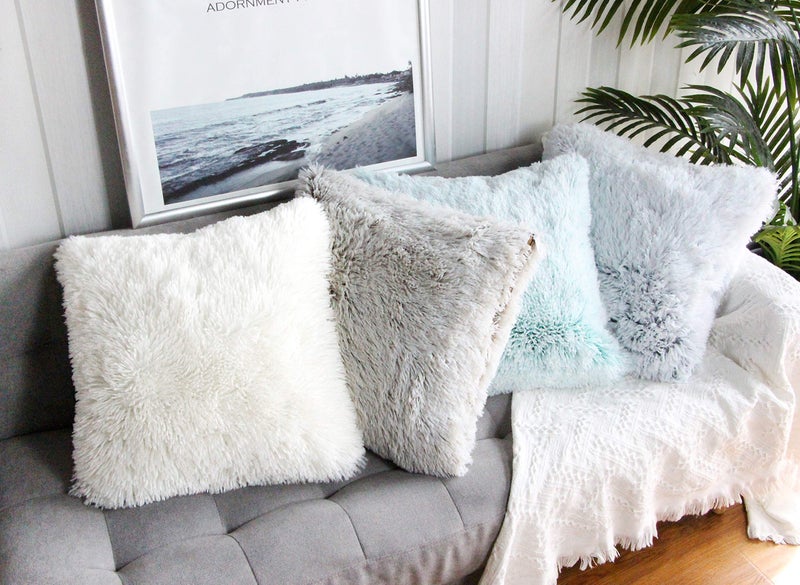 Uhomy 2 Packs Fluffy Accent Pillows Cover 18"x18", Soft White Faux Fur Throw Pillow Case, Modern Luxury Decorative Square Cushion Cover for Farmhouse Home Decor for Sofa/Bed/Chair, 45x45cm - Image 5